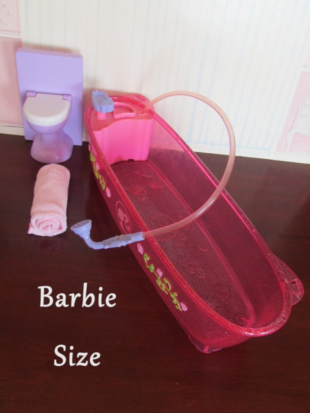 BARBIE BATHROOM: PINK TUB w WATER PUMP SHOWER + TOWEL + TOILET